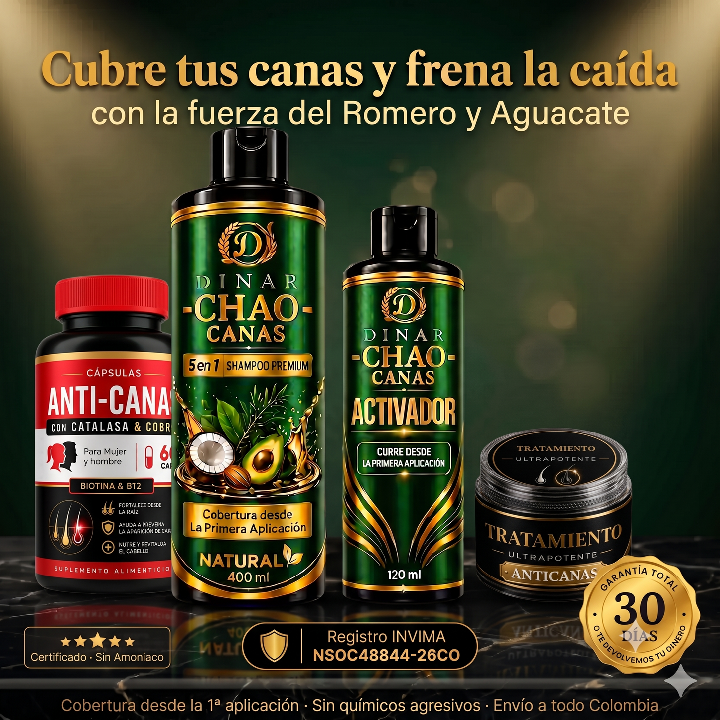 CHAO CANAS 5 EN 1, CON ROMERO Y AGUACATE PAGA 1 LLEVA 4 PRODUCTOS; ACTIVADOR + 60 CAP ANTICANAS CON CATALASA BIOTINA Y B12 + TRATAMIENTO ULTRA POTENTE CONTRA CANAS