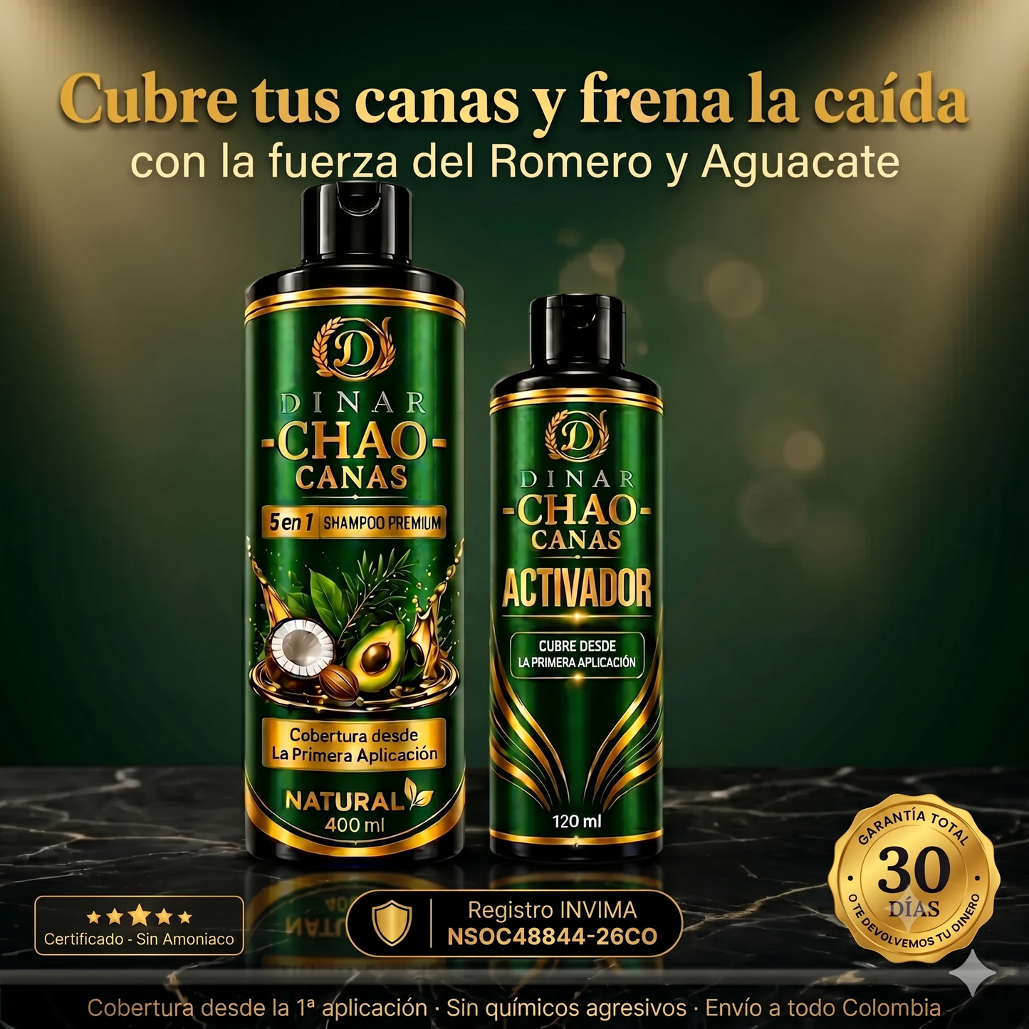 CHAO CANAS 5 EN 1, CON ROMERO Y AGUACATE PAGA 1 LLEVA 4 PRODUCTOS; ACTIVADOR + 60 CAP ANTICANAS CON CATALASA BIOTINA Y B12 + TRATAMIENTO ULTRA POTENTE CONTRA CANAS